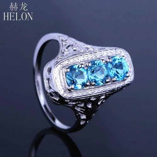 HELON Solid 10k White Gold Flawless Round Cut Genuine Blue Topaz Vintage Fine Jewelry Engagement Ring For Women Best Gift