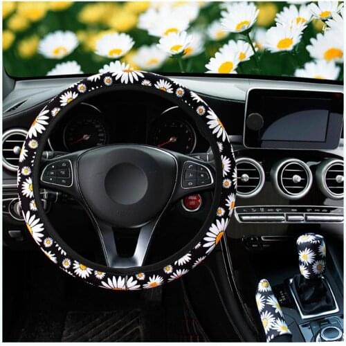 3Pcs Fashion Daisy Flower Car Interior Decoration Knitted Steering Wheel Cover Car Accessories Wheel Cover Without Inner Ring