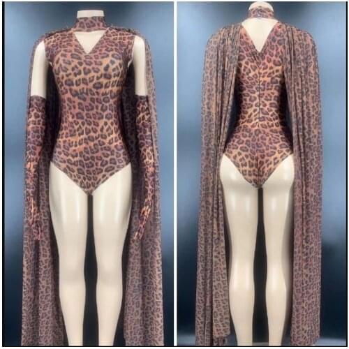 Leopard print costume gogo female song dance team bodysuit and cape
