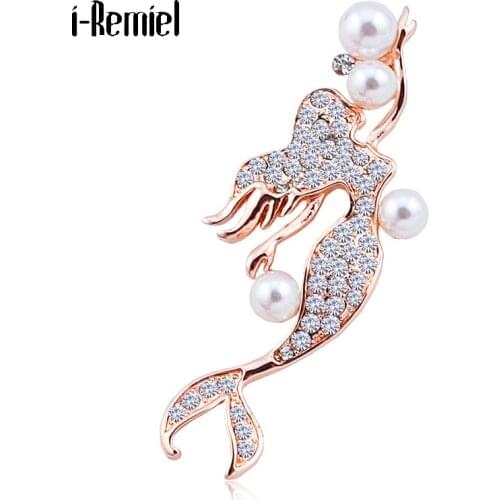 Beauty Pearl Mermaid Brooches Luxury Jewelry Female Crystal Rhinestone Coat Pin Simple Fashion Scarf Buckle Women Accessories