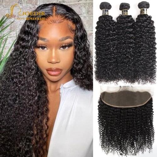 Joedir Hair Kinky Curly Bundles with Frontal Brazilian Hair Bundles With Frontal Non-Remy Hair Extension
