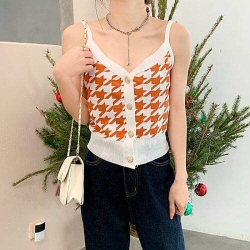 Summer Women Slim Bodycon Houndstooth Tank Crop Tops Girl Sweet Sleeveless Short Solid Cardigan Camis Top for Girls