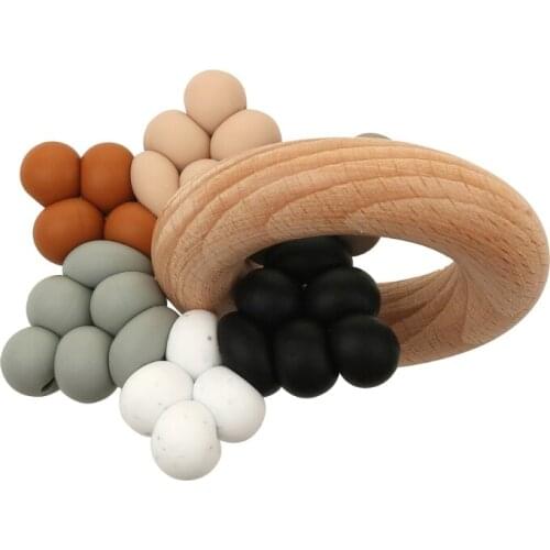 2021 New Baby Silicone Teether Gym Play Beech Wood Ring Teething Bracelet Montessori Toys