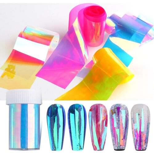 1 bottle Holographic Aurora Film Nail Foil Stickers Sparkly Ice Cube Glass Paper Summer Design Cellophane Nails Decoration Wraps