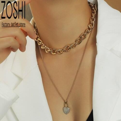Full Filling Rhinestone Heart Lock Necklace Set For Women Gold Plate Thick Guba Choker Multilayer Necklace Valentines Day Gift
