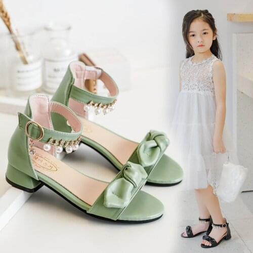 Fashion Bow Beaded Dress Kids Summer 2021 Princess Roman Sandals For Heel Big Girls Shoes Children Beach School Shoes 3-13 Year