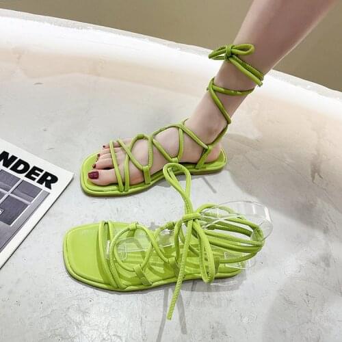 Pu Leather Cross Strap Gladiator Sandals 2021 Soft Bottom Flat Heel Beach Shoes Woman Green Lace Up Rome Sandals