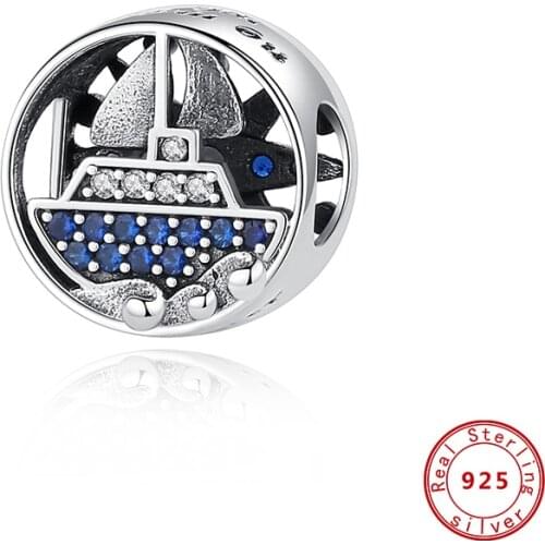 New Original 925 Sterling Silver Bead Blue CZ Sail Boat Charm Travel Fit Pandora Bracelet Necklace DIY Women Jewelry