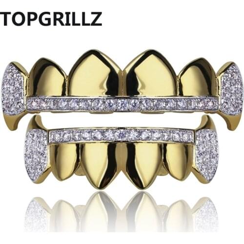 TOPGRILLZ Gold Hip Hop Teeth Grillz Micro Pave Cubic Zircon Top&Bottom Vampire Fangs Teeth Grills Set Holleween Gift Men Women