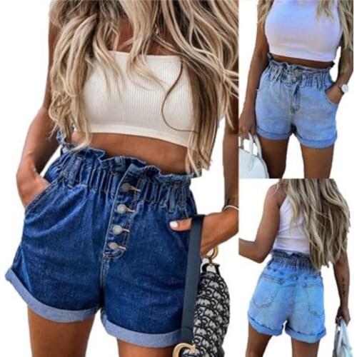 Womens Summer Jeans Shorts High Waist Denim Shorts Women Elastic Waist Ruffles Ladies Jeans Short Female