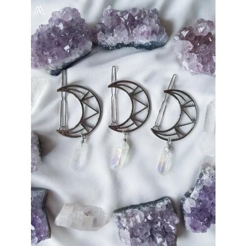 Silvery Moon Hairpins Jewelry Natural Quartz Crystal Dangle Point Beads Hair Pins Headband For Women Bohemia Hair Jewelry Gift