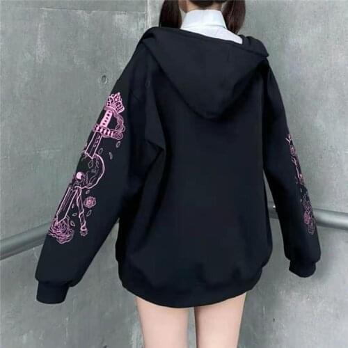 Punk Graphic Printed Hoodies Women Vintage Black Zipper Ribbon Oversize Sweatshirts Female 90s Autumn Harajuku Streetwear Jacket