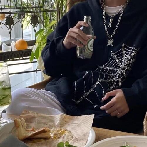 Woman Winter Coats 2021 Gothic Rhinestone Spider Web Jackets Zipper Oversized Hoodies E-girl Loose Trend Harajuku Punk Outerwear