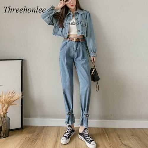 High Quality Womens Casual Denim Suit 2 Piece Set Polo Collar Short Denim Top + High Waist Slim Loose Straight Denim Pants Sets
