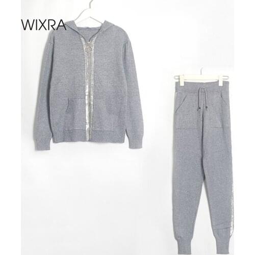 Wixra Womens Sweater Suits Hoodies Full Sleeve Knit Zipper Cardigans+Long Trousers 2PCS Sets High Stretch Costume