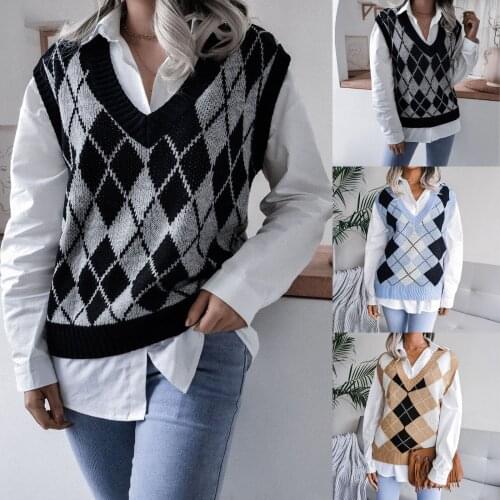 Sweater Vest Women Sleeveless Plaid Knitted Crop Sweaters Casual Autumn Preppy Style 2021 Top V Neck Vintage Sweater Jumper Vest