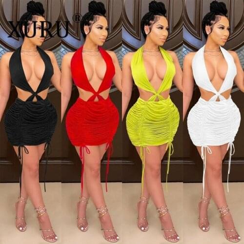 XURU Solid Color Womens Halter Halter Drawstring Tie Dress Sexy Nightclub Party Club Dress