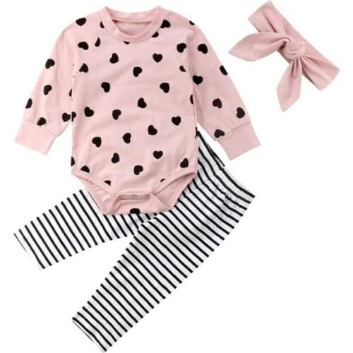 Baby Girls Clothes Newborn Infant Autumn 3Pcs Set Cotton Romper Stripe Pants Headband Outfits Clothes Baby Girls Clothing Suit