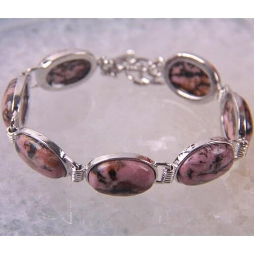 Natural Stone Pink Rhodonite Bracelet Jewelry For Women Oval CAB Cabochon Beads Chain Bracelet H877