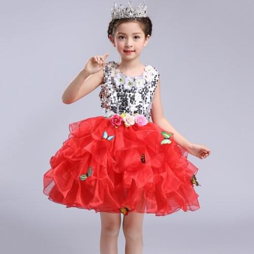 Child Christmas Outfit Clothes Kids Silver Sequin Embroidery Tulle Pageant Dresses Girls Red Hot Pink White Yellow