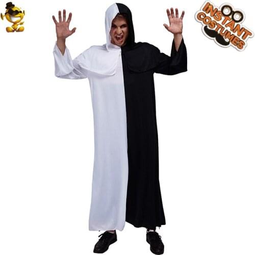 Mens Devil Costume Purim Role Playing Adult Male Black and White Scary Devil Robe for Halloween Costume Fancy Dress Up