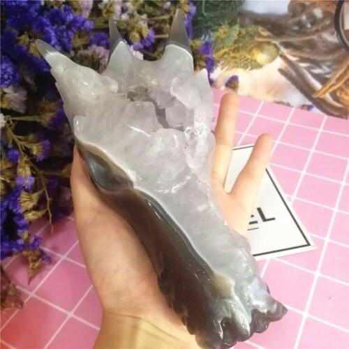 Hot 9-16cm super big size dragon skull carving magic agate stone crystal geode crystal cluster healing crystal decoration