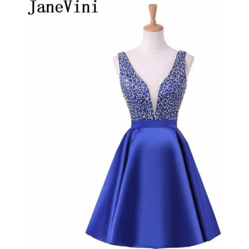 JaneVini 2019 Beaded Short Homecoming Dresses Royal Blue Satin Graduation Formal Dress V-Neck Party Gown vestido de graduacion