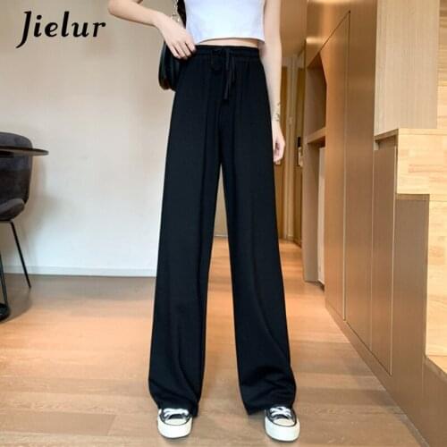 Jielur 2021 Basic Loose Wide Leg Pants Women Drawstring High Waist Sports Pants Street Casual Black Gray Trousers M-2XL Spring