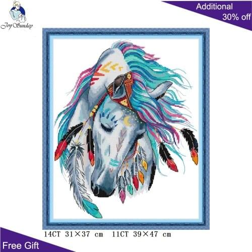 Joy Sunday Rainbow Horse DA440 14CT 11CT Counted and Stamped Home Decor Animal Needlework Embroidery DIY Cross Stitch kits