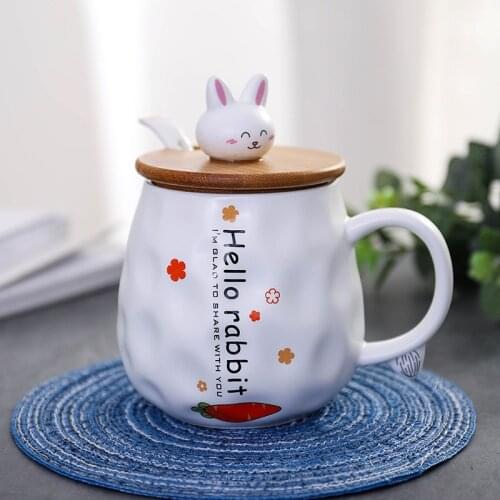Creative Cartoon Cute Ceramic Mug With Lid and Spoon for Milk Coffee Porcelain Cup Kawaii Rabbit Carrot Heat-resistant Mugs