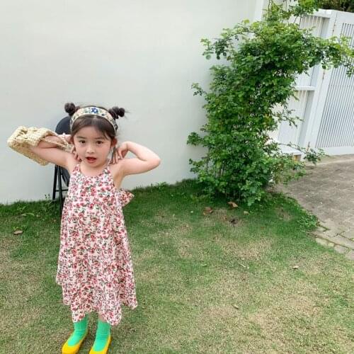Summer New Arrival Korean style girls floral suspender vest dress with big bowknot girl' sweet dress for cute baby girls