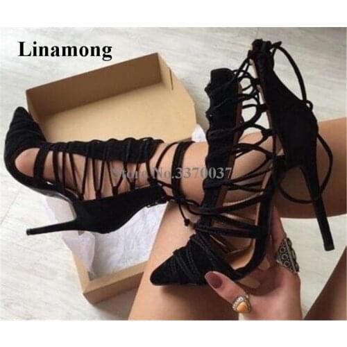 Linamong Fashion Pointed Toe Suede Leather Straps Cross Thin Heel Pumps Lace-up Hollow Out Black Brown High Heels Dress Shoes