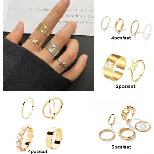Trendy Creative Simple Gold Butterfly Punk Style Retro Chain Shape Personality Hollow Ring Set 2021 Jewelry Gifts
