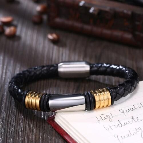 Genuine Leather Bracelet for Men 316L Stainless Steel Magnet Buckle Bracelets & Bangles Gold-color Men Jewelry Gift