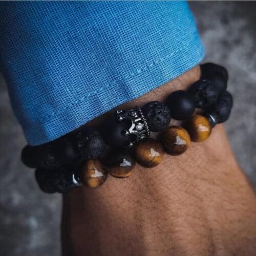 Black lava Stone bracelet set crown tiger eye men bracelets for women jewellery pulsera hombre armband accessories bileklik