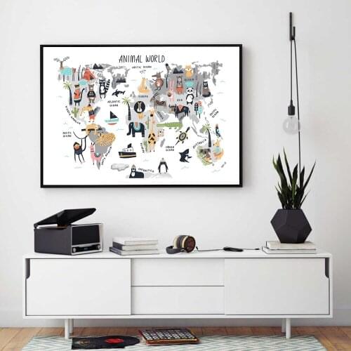 Funny Animal World Map Canvas Painting Wall Art Nordic Posters and Prints Wall Pictures for Living Room Decoration Frameless