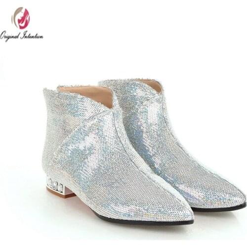 Original Intention Sexy Women Sequins Ankle Boots Pointed Toe Square Crystal Low Heels Boots Concise Shoes Woman Size 3-10.5