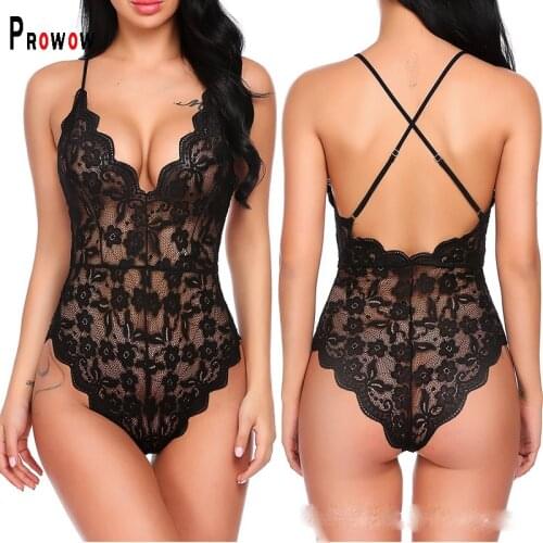 Prowow Sexy Flower Lace Skinny Womens Bodysuits V-neck Backless Perspective Bodycon Outfits for Woman 2021 New Female Clothes