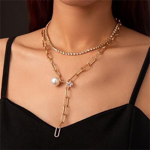 Boho Vintage Multilayer Baroque Pearl Zircon Pendant Necklace for Women Charm Choker Gold Necklaces Fashion Thick Chain Jewelry