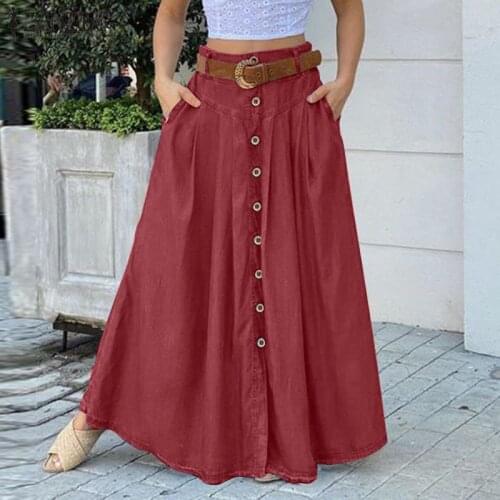 Stylish Womens Skirts Spring High Wasit Solid Long Skirt ZANZEA Casual Buttons Down Faldas Saia Elegant Party Skirts Jupe 5XL 7