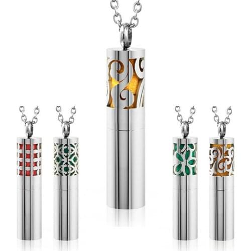 Julie Wang Stainless Steel Perfume Bottle Necklace Women Cylindrical Diffuser Pendant With 10PCS Free Cotton Cores Jewelry
