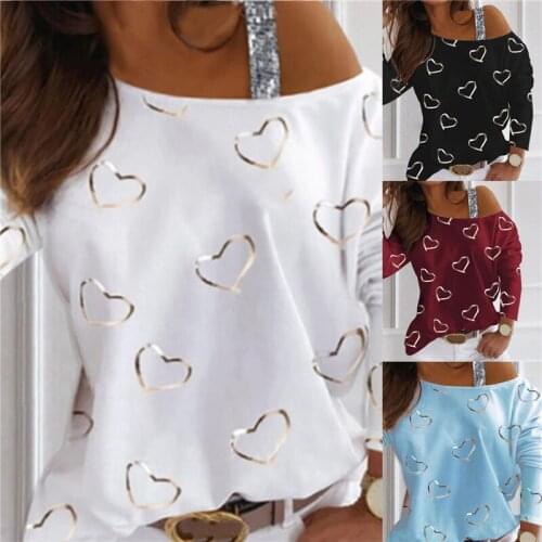 Sexy Women Long Sleeve Hollow Out Love Heart Print One Shoulder Pullover 2021 Spring Ladies clothing