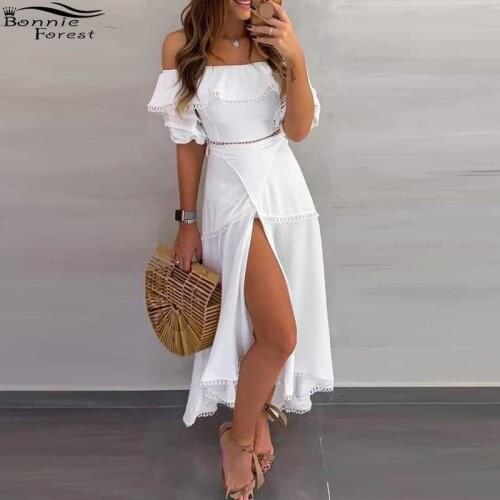 Bonnie Forest Women Tracksuit Elegant White Skirt Set Fashion Off Shoulder Ruffles Top And High Slit Skirt Set Vacation Outfits