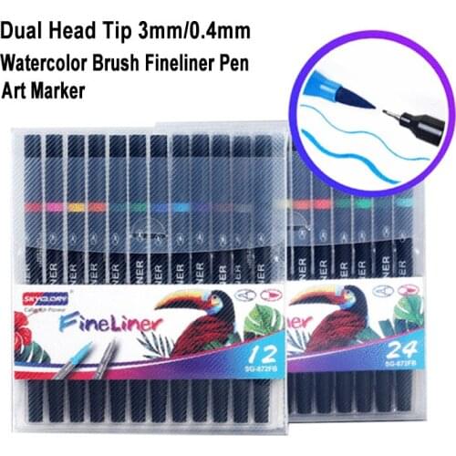 12/24 Color Dual Head Tip 3mm/0.4mm Watercolor Brush Fineliner Pen Art Marker For Drawing Painting Manga Comic Sketch Stationery