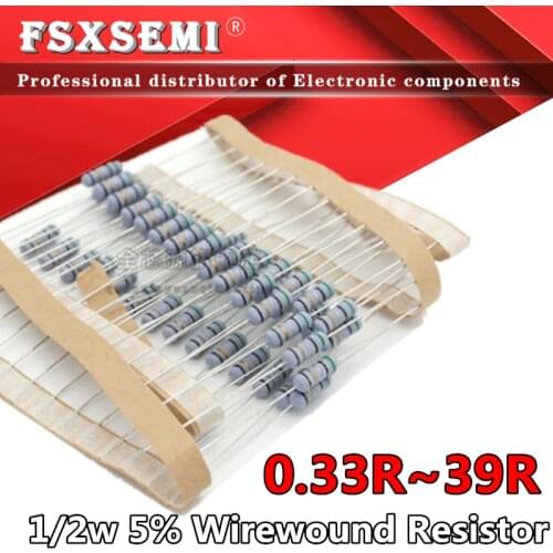 50pcs 1/2w 5% Wirewound Resistor Fuse 0.33R 0.5R 1R 2.2R 3.3R 4.7R 5.1R 10R 22R 30R 33R 39R