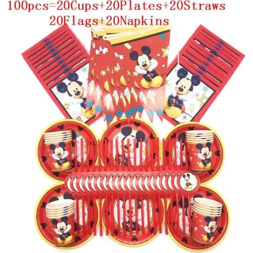 60/90/100PCS Happy Birthday Kids Cartoon Red Mickey Mouse Baby Shower Party Decoration Set Banner Straws Cups Plates Supplies