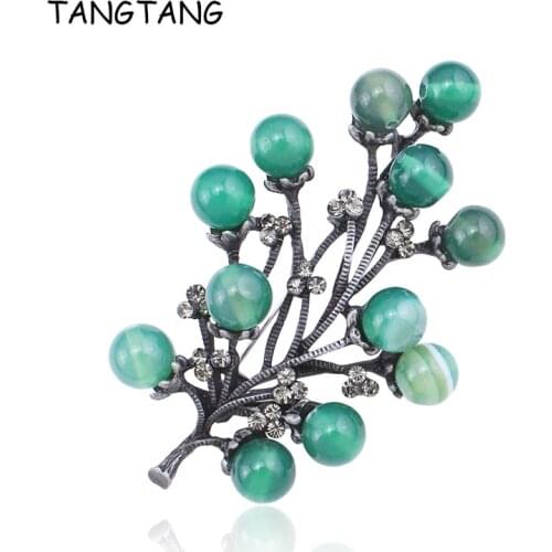 TANGTANG Green Tree Brooch - Vintage Mens Coat Brooch Pin Antique Tin Plated Nature Stones Rhinestone Black Tone Brooches Hot
