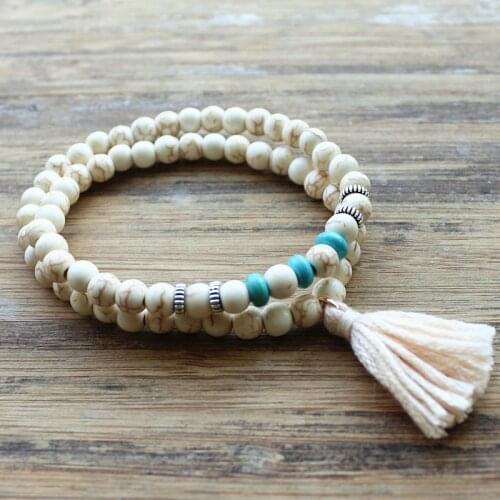 Handmade Stones bead with Tassel Stretch Bracelets Boho Elastic Bracelet Mala Bead Bracelet Yoga Jewelry