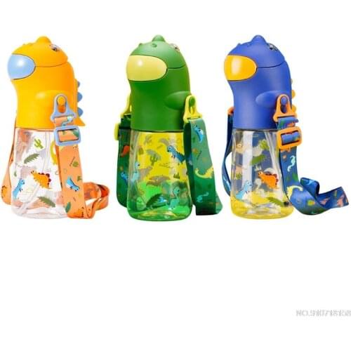 560ml Cartoon Dinosaur Shaped Kids Water Bottle with Silicone Straw Shoulder Strap Leak Proof Children School Jy26 21 Dropship