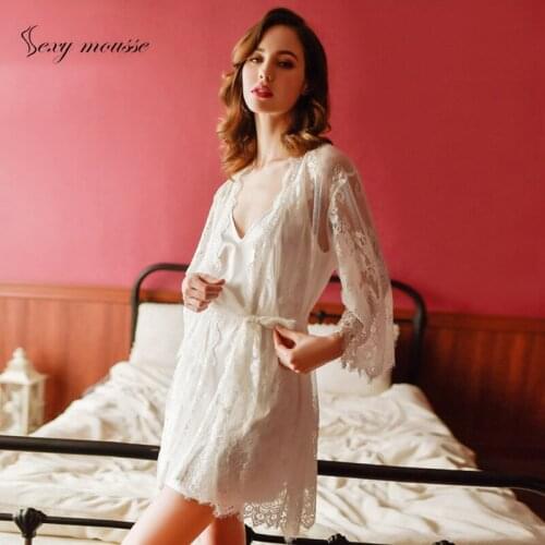 Sexy mousse robe bathrobe woman sloth transparent Black white high-end ladies lace cardigan pajamas robe home service sleepwear